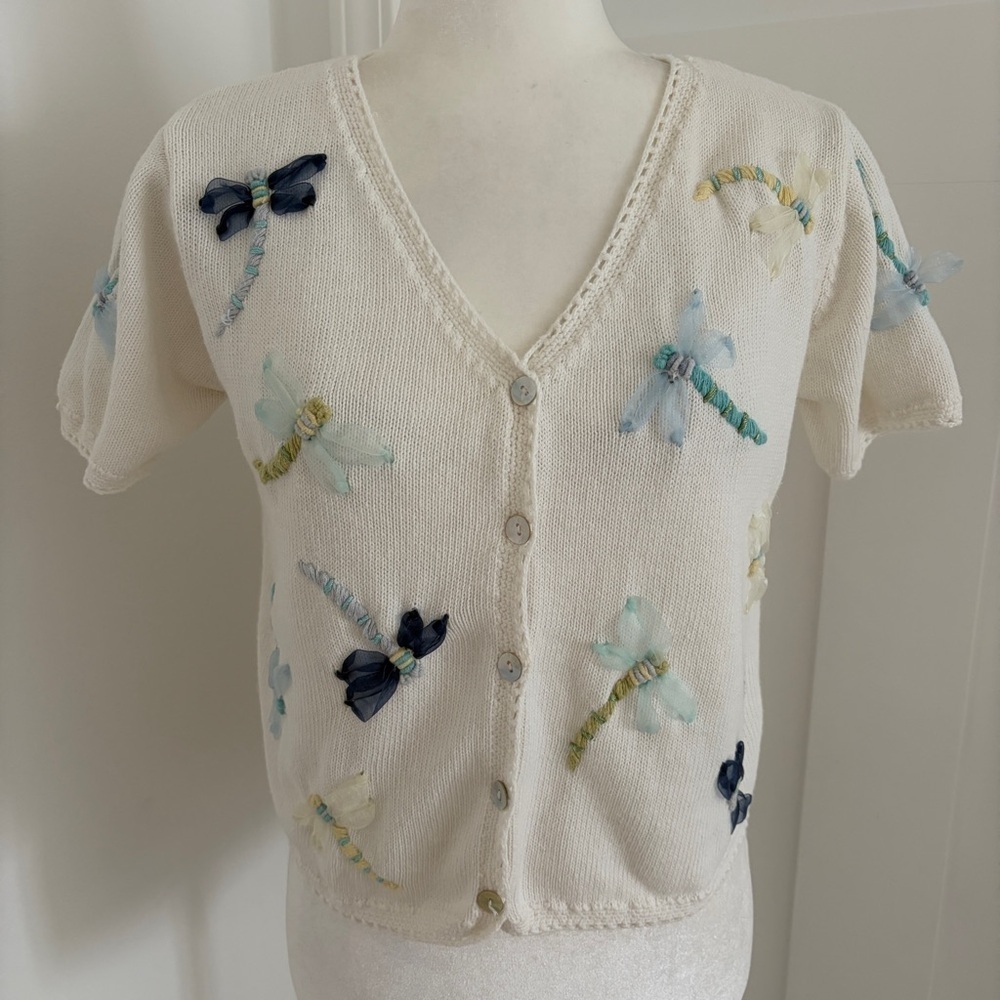 Bedford Fair Petite XS Dragonfly Embellished Cardigan Sweater Button Up *H28
